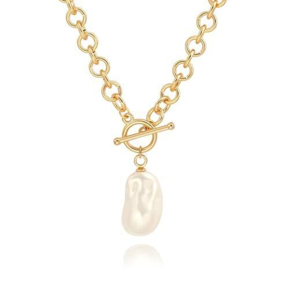 1336 Large Baroque Pearl Pendant Necklace, 18k Gold Plated Chunky Chain